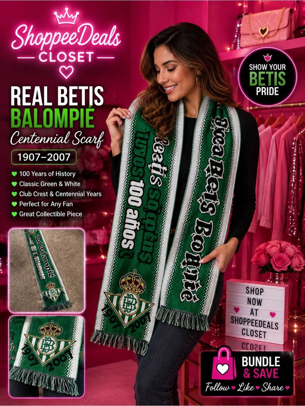 Real Betis Balompié 1907–2007 Centennial Soccer Football Scarf Green White